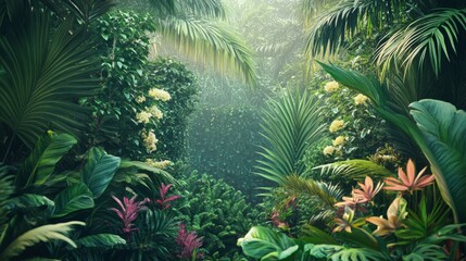 Lush Tropical Rainforest with Sunlight Filtering Through Foliage