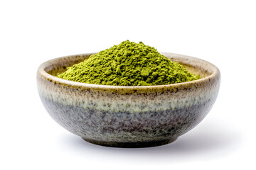 High quality ceramic bowl with matte finish filled with vibrant matcha tea powder on white background