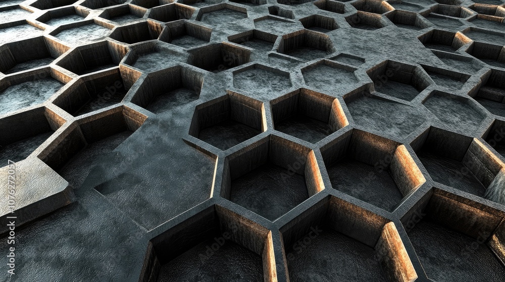 Poster a 3d wallpaper featuring intricate hexagonal patterns with a metallic finish, sleek and modern desig