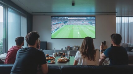Fototapeta premium A football match airing on a big screen in a minimalist apartment, with snacks and drinks on the table, creating a perfect environment for watching live sports