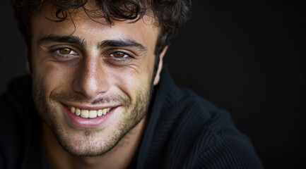 Fototapeta premium Confident businessman with short dark hair smiles in a casual headshot portrait 
