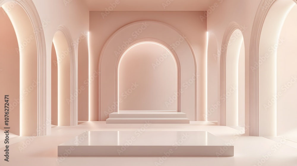 Poster 53. a 3d space with soft gradients and light reflections, offering a central empty area for a produc