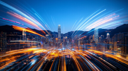 Obraz premium Cityscape in Motion: A vibrant metropolis bursts with energy and dynamism, captured in a captivating long-exposure shot. Streaks of light dance across the cityscape.