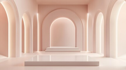 Fototapeta premium 53. A 3D space with soft gradients and light reflections, offering a central empty area for a product display.