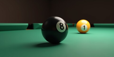 A close-up of an 8-ball and a 1-ball on a billiards table, showcasing the classic elements of cue sports in a sleek, moody atmosphere.