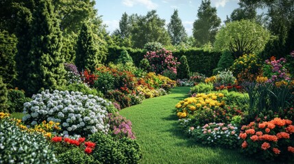 Obraz premium A Lush, Colorful Garden with Blooming Flowers and Green Trees