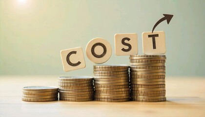 Stacks of coins labeled "COST", with an upward pointing arrow indicating a higher cost or price.