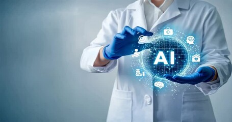 Doctor in white coat and blue gloves with hands over AI icon digital background, medical chat bot, AI medical diagnosis, digital health tools