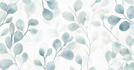 Watercolor pattern of delicate eucalyptus leaves on a white background. Soft, muted shades of green and blue evoke a calm, natural feel, ideal for botanical and nature-themed designs, Generative AI