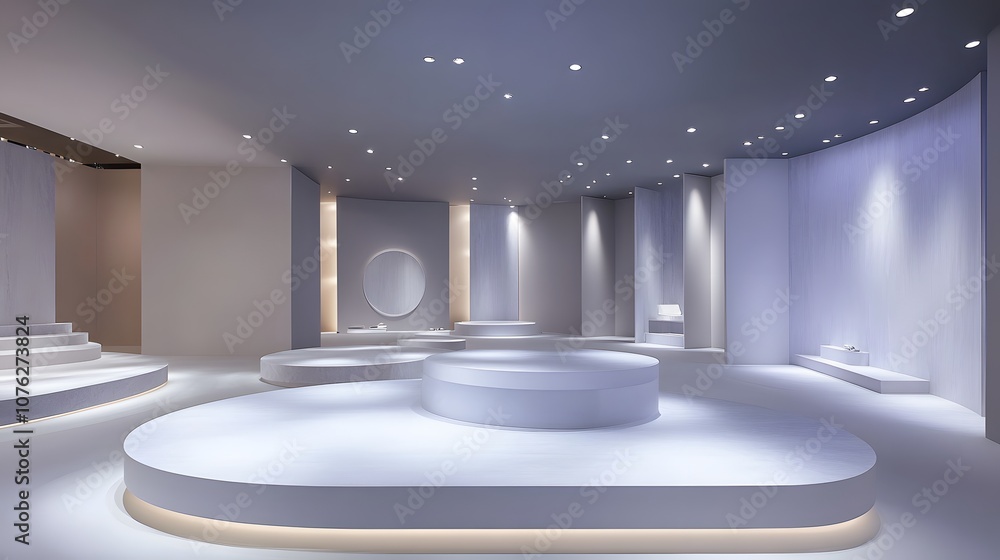 Aufkleber 56. a sleek 3d display with circular platforms and sharp lighting, creating an open space for a prod