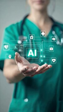 Nurse in green scrubs with AI interface labeled AI on hand, AI diagnosis, medical reports, nurse AI