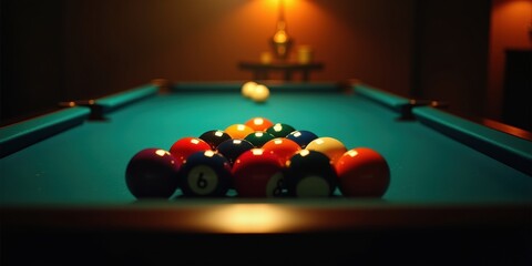 A beautifully lit billiards table showcasing a carefully arranged set of balls, perfect for themes of leisure, competition, or social gatherings in bars and game rooms.