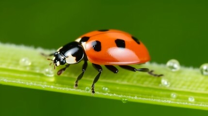Obraz premium Ladybug on a Green Leaf with Water Droplets