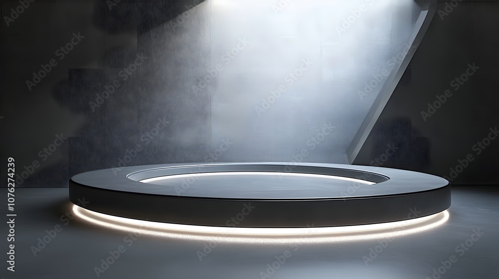 Poster 56. a sleek 3d display with circular platforms and sharp lighting, creating an open space for a prod