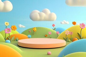  cute stage design with a podium, landscape with clouds and sky, pastel colors, cartoon style, children's product display stand. 