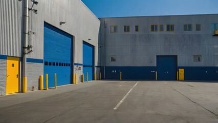 Industrial Architecture's Intense Contrast: Warehouse Appearance With Blue Walls and Bold Yellow Door generative ai