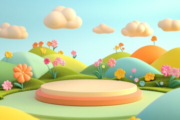  cute stage design with a podium, landscape with clouds and sky, pastel colors, cartoon style, children's product display stand. 