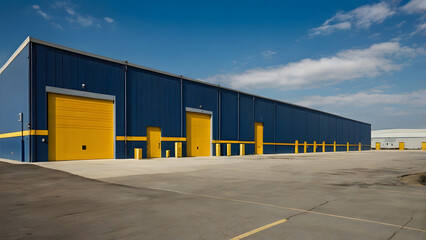 Industrial Architecture's Intense Contrast: Warehouse Appearance With Blue Walls and Bold Yellow Door generative ai