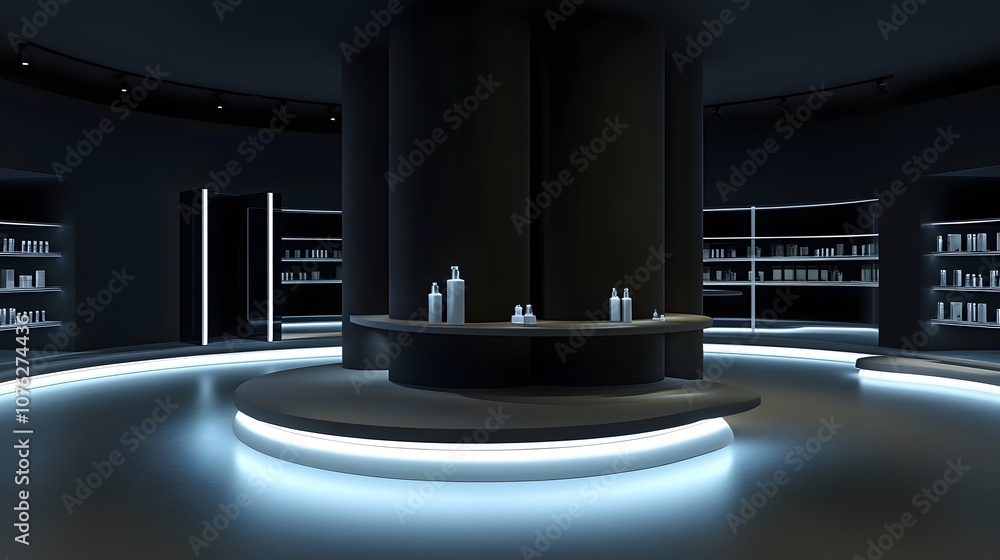 Poster 56. a sleek 3d display with circular platforms and sharp lighting, creating an open space for a prod