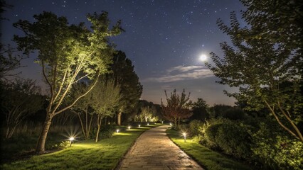 Serene Night Garden Pathway with Starry Sky, Trees, and Peaceful Landscape for Tranquil Home Decor, Ideal for Relaxation and Serenity in Outdoor Spaces