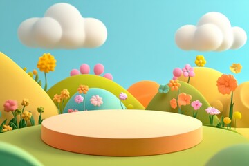  cute stage design with a podium, landscape with clouds and sky, pastel colors, cartoon style, children's product display stand. 