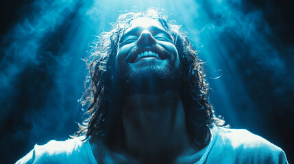 Man lifting his head up with sun rays in the background. Christian believer praying asking for forgiveness, Christian believer, Christian believer.