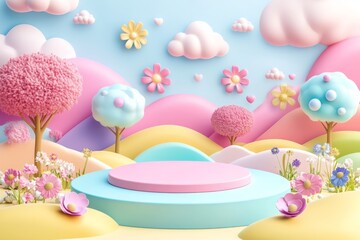  cute stage design with a podium, landscape with clouds and sky, pastel colors, cartoon style, children's product display stand. 