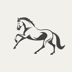 Stylized illustration of a prancing horse in black and white, featuring clean lines and a minimalist design