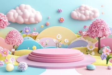  cute stage design with a podium, landscape with clouds and sky, pastel colors, cartoon style, children's product display stand. 