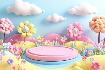  cute stage design with a podium, landscape with clouds and sky, pastel colors, cartoon style, children's product display stand. 