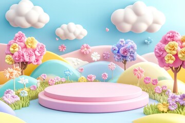  cute stage design with a podium, landscape with clouds and sky, pastel colors, cartoon style, children's product display stand. 