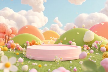  cute stage design with a podium, landscape with clouds and sky, pastel colors, cartoon style, children's product display stand. 