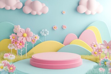  cute stage design with a podium, landscape with clouds and sky, pastel colors, cartoon style, children's product display stand. 