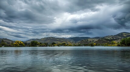 Gorgeous cloudy day landscape with rolling hills, vast meadows, serene lakes, and distant mountains. The sky is filled with various shades of gray clouds, creating a moody and captivating atmosphere