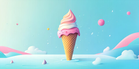 Ice Cream Cone on Pink Background with Water Droplets