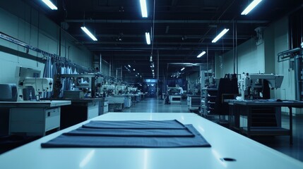 A clothing production line, with fabric and sewing machines busy with activity.