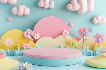  cute stage design with a podium, landscape with clouds and sky, pastel colors, cartoon style, children's product display stand. 