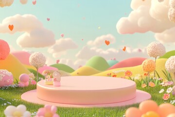  cute stage design with a podium, landscape with clouds and sky, pastel colors, cartoon style, children's product display stand. 