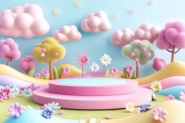  cute stage design with a podium, landscape with clouds and sky, pastel colors, cartoon style, children's product display stand. 