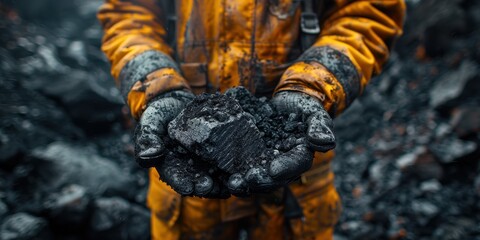 Close-up of a miner holding coal in his hands