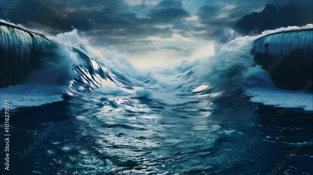 Poster a dramatic ocean scene with large waves crashing against each other under a cloudy sky, creating a s