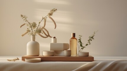 ethereal ecofriendly beauty products in minimalist packaging showcasing natural ingredients and soft muted colors illuminated by gentle diffused light on a clean white backdrop 
