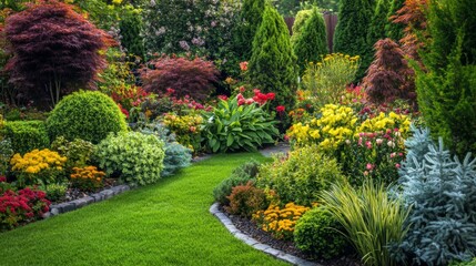 Fototapeta premium Lush Garden with Varied Foliage and Blooming Flowers