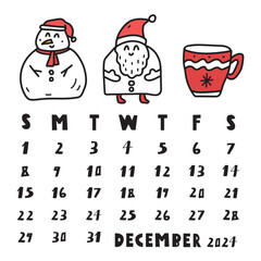 December 2024. Calendar. Cute design. Hand drawn illustration on white background.