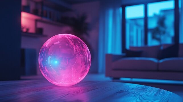 Floating Glowing Orb Transmitting Voice Messages and Holograms in Futuristic Home Communication Technology Concept