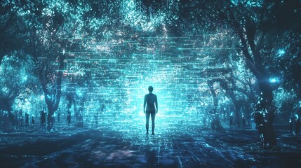 Person Immersed in Glowing Digital Forest with Virtual Avatars and Holographic Calls