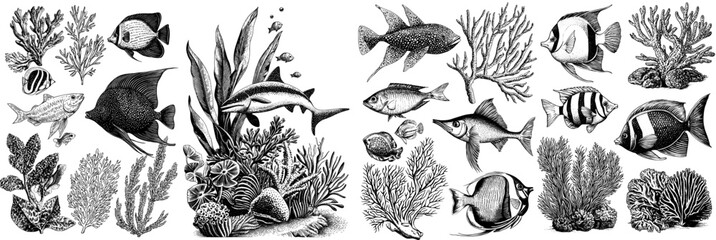 Cartoon aquarium decor objects, underwater assets for mobile games