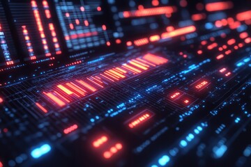Obraz premium Closeup of an illuminated futuristic control panel with glowing red and blue bars.