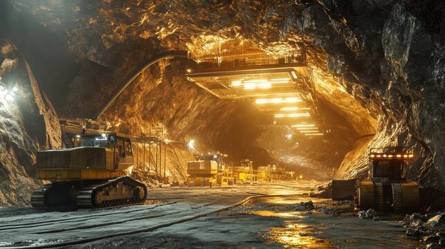 A gold mine with advanced equipment and machinery processing gold ore, highlighting the industrial aspect of gold mining - Powered by Adobe