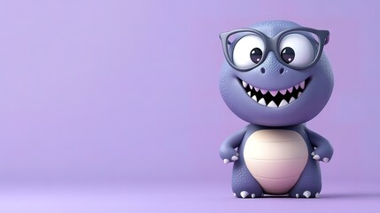 A cute, cartoon dinosaur wearing glasses and smiling, against a light purple background.
